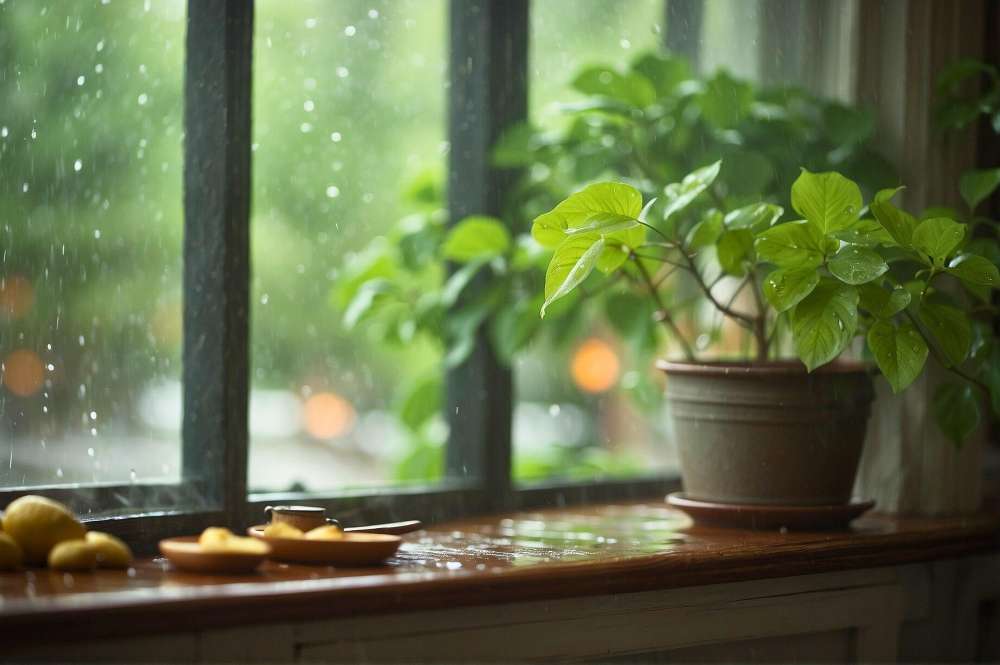 Regen am Fenster und innen auf der Fensterbank