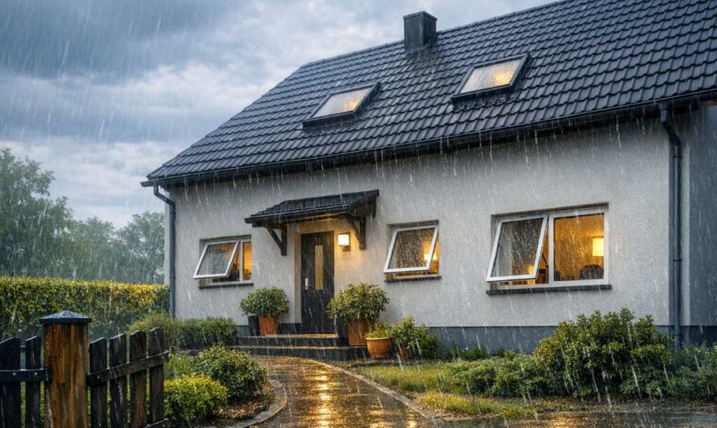 Haus mit geöffneten Fenstern bei Regen